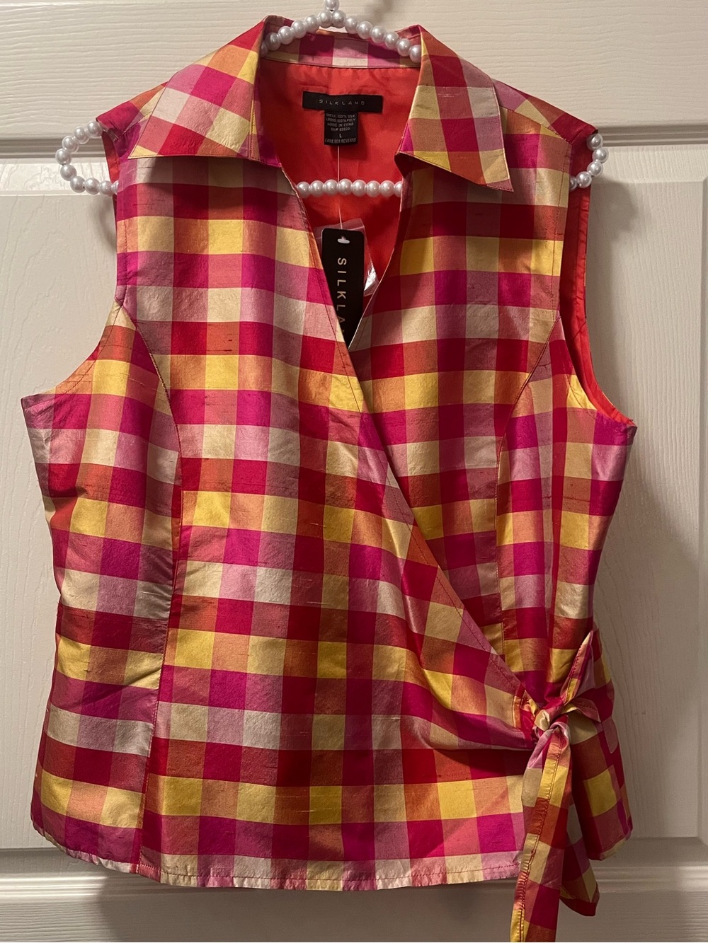 Silkland VTG Women’s Pink & Yellow Plaid Sleeveless Silk Wrap Top Size Large NWT